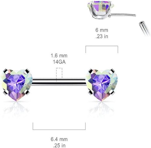 Covet Jewelry 316L Surgical Steel Threadless Push in Nipple Barbells with Prong Set Heart CZ Ends in Saudi Arabia