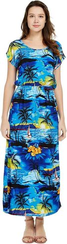 Couple Matching Hawaiian Luau Shirt Cap Sleeve Maxi Dress in Hibiscus Blue in Saudi Arabia
