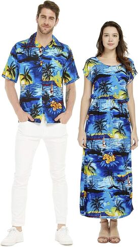 Couple Matching Hawaiian Luau Shirt Cap Sleeve Maxi Dress in Hibiscus Blue in Saudi Arabia