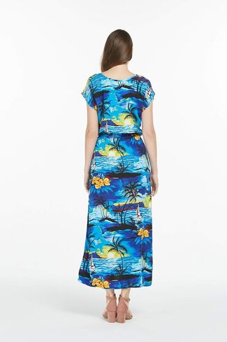 Couple Matching Hawaiian Luau Shirt Cap Sleeve Maxi Dress in Hibiscus Blue in Saudi Arabia