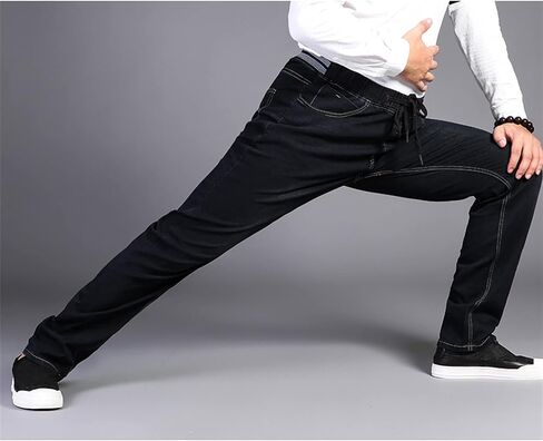 Men Extra Large Size Jeans Stretch Waist High Elastic Jeans Designer Drawstring Straight Denim Pants Mens Casual Trousers,Dark Blue,XXL in Saudi Arabia