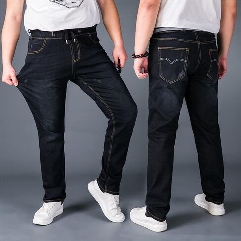 Men Extra Large Size Jeans Stretch Waist High Elastic Jeans Designer Drawstring Straight Denim Pants Mens Casual Trousers,Dark Blue,XXL in Saudi Arabia