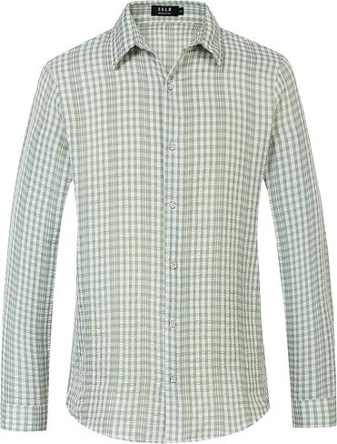 SSLR-Mens-Dress-dress-قمصان-قميص منقوش مخطط بأكمام طويلة وأزرار سفلية in Kuwait