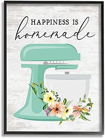 Stupell Industries Happiness is Homemade Phrase Floral Kitchen Stand Mixer, Designed by Lettered and Lined Black Framed Wall Art, 11 x 14, Multi-Color in Saudi Arabia