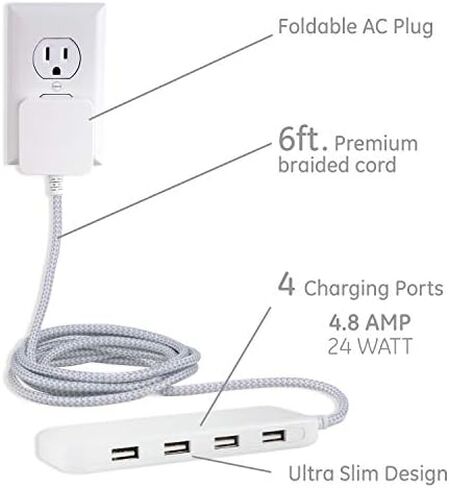 شريط طاقة UltraPro 4 منافذ USB، سلك تمديد مجدول 6 أقدام، حامل على الحائط، 4.8 أمبير/24 وات، لهاتف iPhone/iPad/Samsung Galaxy/Google Pixel، مدرج في قائمة UL، أبيض، 44139-T1 in Kuwait