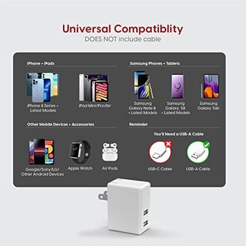 USB Wall Charger 12W/2.4A by TalkWorks - Dual Port Universal Cell Phone Charger Adapter For Apple iPhone, iPad, Nintendo Switch, Android for Samsung Galaxy, Bluetooth Speaker, Tablet - White in Saudi Arabia