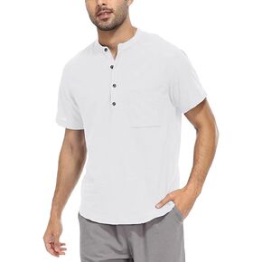 YeeHoo Men's Summer Linen Shirt Henley Button Down Short Sleeve Beach T-Shirts with Pocket in Saudi Arabia