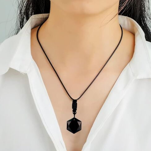 ARZASGO Obsidian Necklace Natural Stone Hexagram Necklace Amulet Lucky Love Crystal Pendant With Woven Cotton Cord for Men Women in Kuwait
