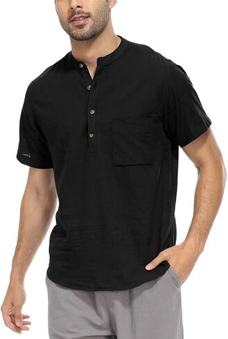 YeeHoo Men's Summer Linen Shirt Henley Button Down Short Sleeve Beach T-Shirts with Pocket in Saudi Arabia