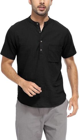 YeeHoo Men's Summer Linen Shirt Henley Button Down Short Sleeve Beach T-Shirts with Pocket in Saudi Arabia