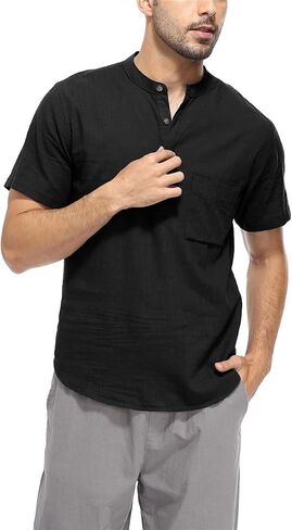 YeeHoo Men's Summer Linen Shirt Henley Button Down Short Sleeve Beach T-Shirts with Pocket in Saudi Arabia
