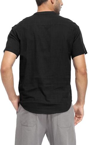 YeeHoo Men's Summer Linen Shirt Henley Button Down Short Sleeve Beach T-Shirts with Pocket in Saudi Arabia