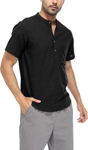 YeeHoo Men's Summer Linen Shirt Henley Button Down Short Sleeve Beach T-Shirts with Pocket in Saudi Arabia