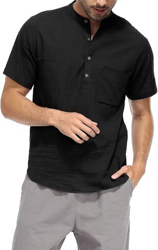 YeeHoo Men's Summer Linen Shirt Henley Button Down Short Sleeve Beach T-Shirts with Pocket in Saudi Arabia
