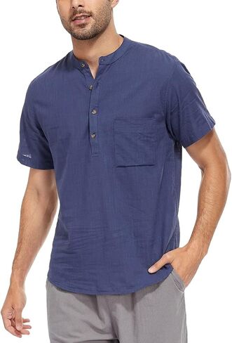 YeeHoo Men's Summer Linen Shirt Henley Button Down Short Sleeve Beach T-Shirts with Pocket in Saudi Arabia