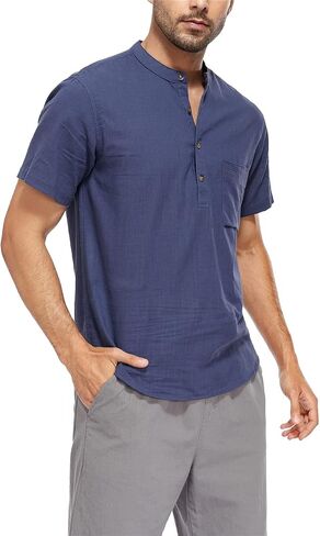 YeeHoo Men's Summer Linen Shirt Henley Button Down Short Sleeve Beach T-Shirts with Pocket in Saudi Arabia