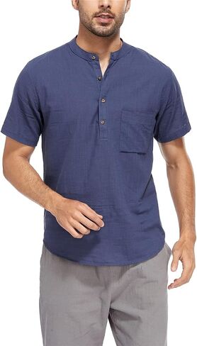 YeeHoo Men's Summer Linen Shirt Henley Button Down Short Sleeve Beach T-Shirts with Pocket in Saudi Arabia