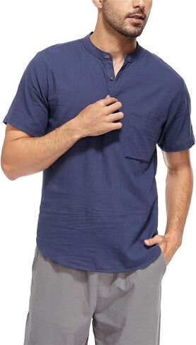 YeeHoo Men's Summer Linen Shirt Henley Button Down Short Sleeve Beach T-Shirts with Pocket in Saudi Arabia