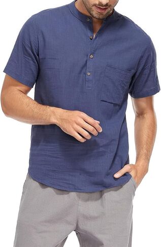 YeeHoo Men's Summer Linen Shirt Henley Button Down Short Sleeve Beach T-Shirts with Pocket in Saudi Arabia