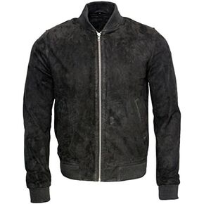Mens Retro Black Goat Suede Leather Bomber Varsity Jacket in Kuwait