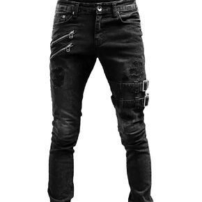 Maiyifu-GJ Men's Distressed Moto Biker Jeans Ripped Punk Gothic Zipper Denim Pants Hip hop Tapered Leg Slim Fit Jean in Kuwait
