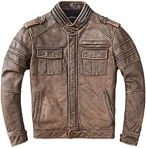Mens Cafe Racer Jacket - Distressed Leather Jacket Men - Vintage Brown Leather Jacket - Genuine Lambskin Biker Jacket in Saudi Arabia