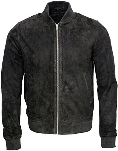 Mens Retro Black Goat Suede Leather Bomber Varsity Jacket in Saudi Arabia