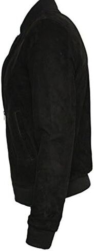 Mens Retro Black Goat Suede Leather Bomber Varsity Jacket in Saudi Arabia