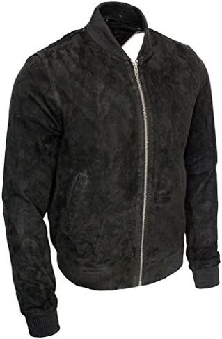 Mens Retro Black Goat Suede Leather Bomber Varsity Jacket in Saudi Arabia
