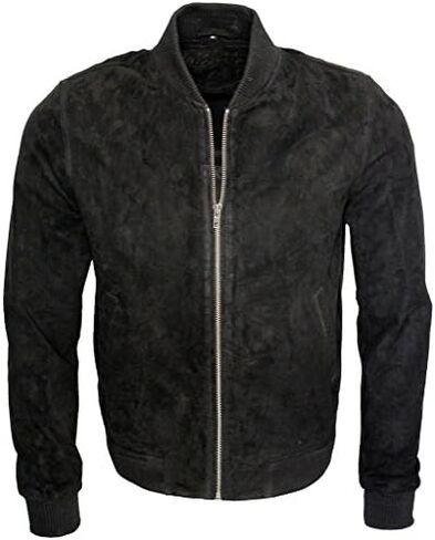 Mens Retro Black Goat Suede Leather Bomber Varsity Jacket in Saudi Arabia