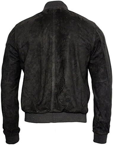 Mens Retro Black Goat Suede Leather Bomber Varsity Jacket in Saudi Arabia