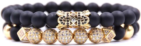 HYHONEY 2PCS/Set Micro Pave Zircon 8mm Charm Beads Bracelet for Men Women His and Hers Couple Bracelet Natural Black Matte Onyx Stone Beads Elastic Adjustable in Saudi Arabia