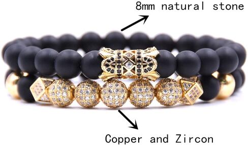 HYHONEY 2PCS/Set Micro Pave Zircon 8mm Charm Beads Bracelet for Men Women His and Hers Couple Bracelet Natural Black Matte Onyx Stone Beads Elastic Adjustable in Saudi Arabia
