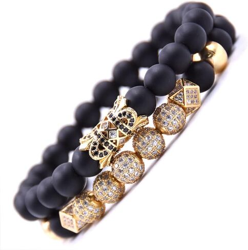 HYHONEY 2PCS/Set Micro Pave Zircon 8mm Charm Beads Bracelet for Men Women His and Hers Couple Bracelet Natural Black Matte Onyx Stone Beads Elastic Adjustable in Saudi Arabia