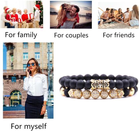 HYHONEY 2PCS/Set Micro Pave Zircon 8mm Charm Beads Bracelet for Men Women His and Hers Couple Bracelet Natural Black Matte Onyx Stone Beads Elastic Adjustable in Saudi Arabia