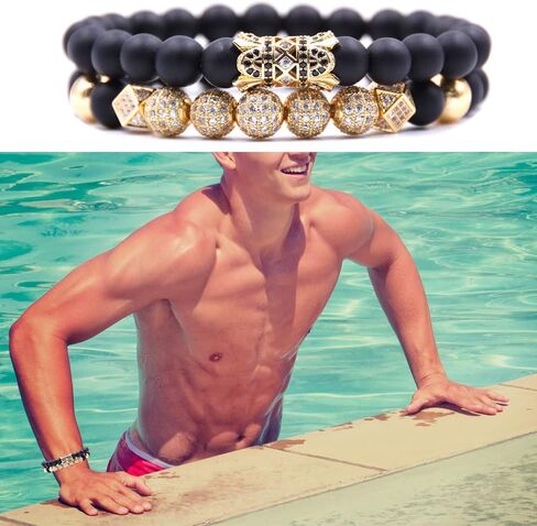 HYHONEY 2PCS/Set Micro Pave Zircon 8mm Charm Beads Bracelet for Men Women His and Hers Couple Bracelet Natural Black Matte Onyx Stone Beads Elastic Adjustable in Saudi Arabia
