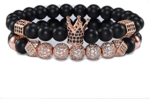 HYHONEY 2PCS/Set Micro Pave Zircon 8mm Charm Beads Bracelet for Men Women His and Hers Couple Bracelet Natural Black Matte Onyx Stone Beads Elastic Adjustable in Saudi Arabia