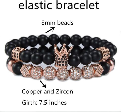 HYHONEY 2PCS/Set Micro Pave Zircon 8mm Charm Beads Bracelet for Men Women His and Hers Couple Bracelet Natural Black Matte Onyx Stone Beads Elastic Adjustable in Saudi Arabia