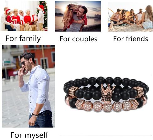 HYHONEY 2PCS/Set Micro Pave Zircon 8mm Charm Beads Bracelet for Men Women His and Hers Couple Bracelet Natural Black Matte Onyx Stone Beads Elastic Adjustable in Saudi Arabia