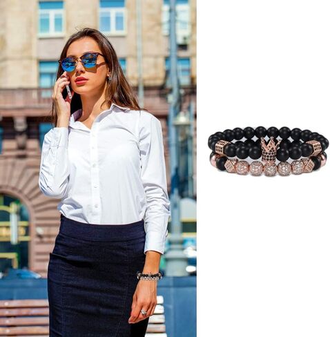 HYHONEY 2PCS/Set Micro Pave Zircon 8mm Charm Beads Bracelet for Men Women His and Hers Couple Bracelet Natural Black Matte Onyx Stone Beads Elastic Adjustable in Saudi Arabia