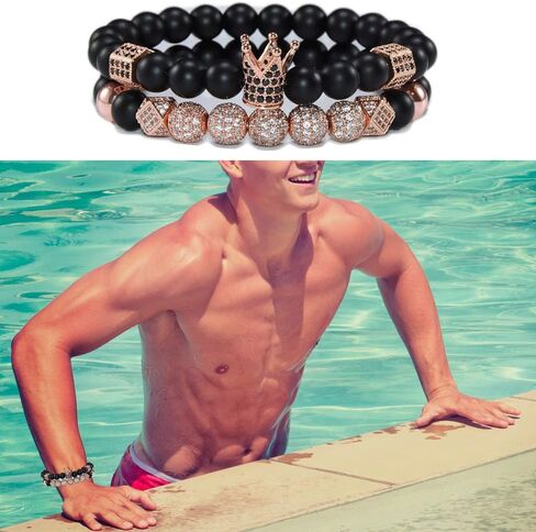 HYHONEY 2PCS/Set Micro Pave Zircon 8mm Charm Beads Bracelet for Men Women His and Hers Couple Bracelet Natural Black Matte Onyx Stone Beads Elastic Adjustable in Saudi Arabia