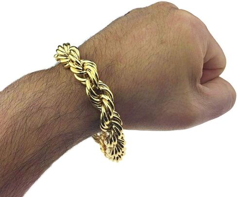 Bling Cartel Mens 14k Gold Plated Bracelet Hip Hop Rope Wrist Chain Hollow 9" Inch x 14MM Wide in Saudi Arabia
