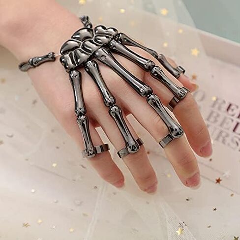2 Pieces Halloween Skull Skeleton Hand Bracelet with Ring Metal Hand Bangle Bracelet Skull Fingers Wristband for Men and Women Jewelry in Saudi Arabia