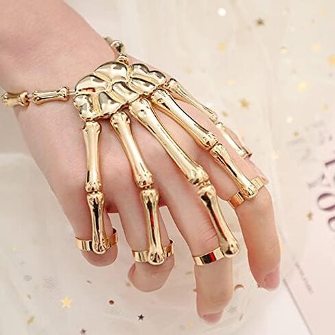 2 Pieces Halloween Skull Skeleton Hand Bracelet with Ring Metal Hand Bangle Bracelet Skull Fingers Wristband for Men and Women Jewelry in Saudi Arabia