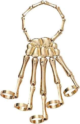2 Pieces Halloween Skull Skeleton Hand Bracelet with Ring Metal Hand Bangle Bracelet Skull Fingers Wristband for Men and Women Jewelry in Saudi Arabia