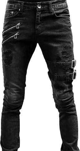 Maiyifu-GJ Men's Distressed Moto Biker Jeans Ripped Punk Gothic Zipper Denim Pants Hip hop Tapered Leg Slim Fit Jean in Kuwait