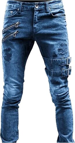 Maiyifu-GJ Men's Distressed Moto Biker Jeans Ripped Punk Gothic Zipper Denim Pants Hip hop Tapered Leg Slim Fit Jean in Kuwait
