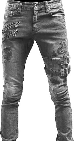 Maiyifu-GJ Men's Distressed Moto Biker Jeans Ripped Punk Gothic Zipper Denim Pants Hip hop Tapered Leg Slim Fit Jean in Kuwait
