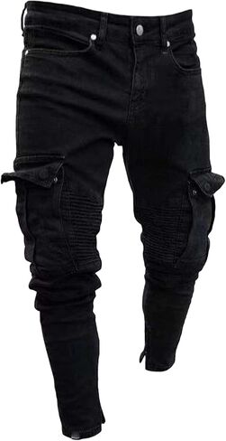 Maiyifu-GJ Men's Distressed Moto Biker Jeans Ripped Punk Gothic Zipper Denim Pants Hip hop Tapered Leg Slim Fit Jean in Kuwait