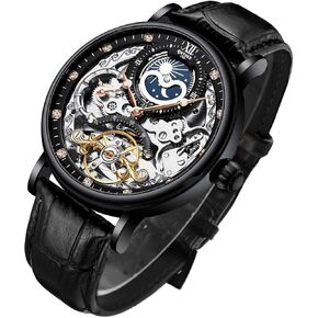 Bestn Mens Luxury Skeleton Automatic Mechanical Wrist Watches Leather Moon Phrase Luminous Hands Self-Wind Watch